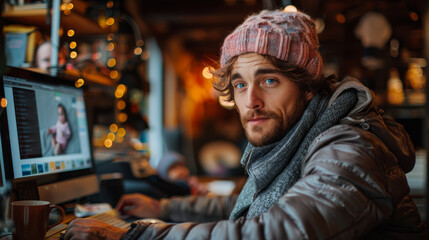 Portrait of a young man with a laptop working in a small office. A smiling man works on a computer at a table.