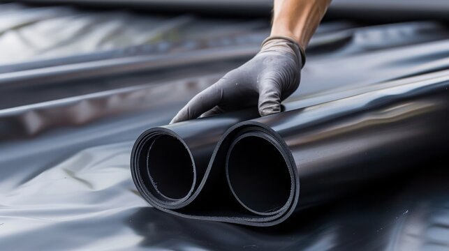 EPDM Ethylene Propylene Diene Terpolymer Material in Workers Hand. Modern Roofing Rubber Material.