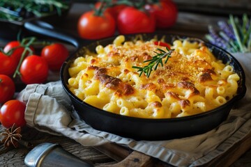 Rustic Baked Mac and Cheese in Cast Iron Pan with Tomatoes. Perfect Dish for Kids and Adults Alike