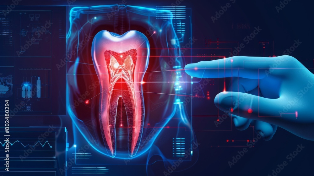 Wall mural Tooth scanning robot doctor diagnose disease on hand. Screen digital interface of system MRI scan of human body organ DNA analysis. Future health care innovation. Science medical technology. Vector.