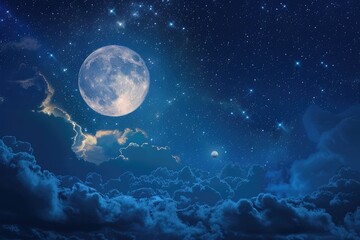Marvellously Beautiful Fullmoon Night Sky with Blue Clouds and Stars
