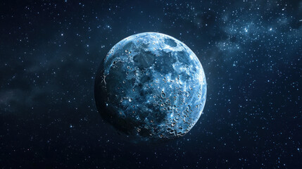 The Moon, with its craters, floats in the darkness of space. Earth, a glowing orb at night, hangs behind it.