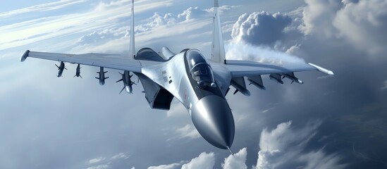 The jet fighter in the sky. Airplane or jet fighter speeding in motion. Super fast air fighter or airplane. War concept. Air weapons. Plane flying in motion with blurred background.