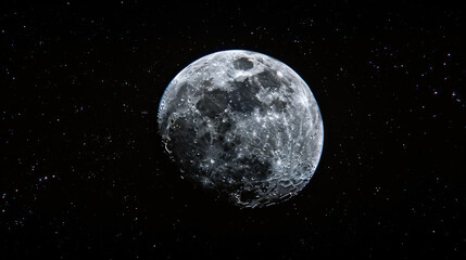 Fototapeta premium The Moon, with its craters, floats in the darkness of space. Earth, a glowing orb at night, hangs behind it.