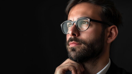 Obraz premium Close-up of a pensive man in glasses on a dark background. Young man posing indoors.