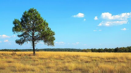 Long Leaf Pine in the Sunny Savannah Forest with Blue Sky and Holly: A Peaceful Shelter in Nature's