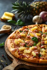 Hawaiian pizza with ingredients on a dark wooden background. Tropical food concept. Summer vacation. Design for menu, banner, poster. 