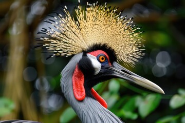 Obraz premium Majestic East African Crowned Crane Up Close. Grey Nature Wildlife with Crown-like Feathers