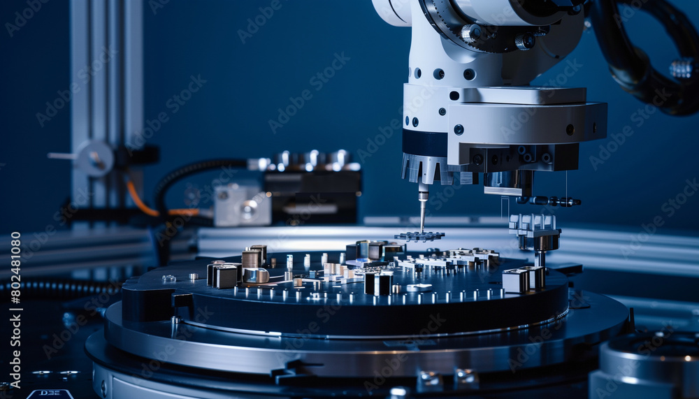 Poster featuring a robotic arm assembling components delicately, the components highlighted against the dar