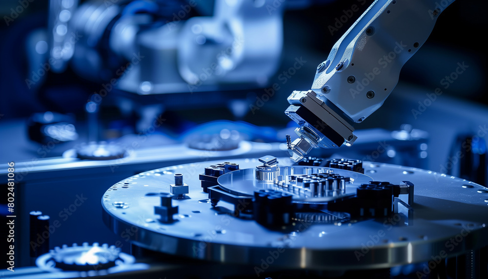 Poster featuring a robotic arm assembling components delicately, the components highlighted against the dar