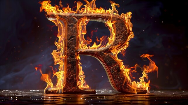 A beautiful Letter R written with Fire isolated on white.