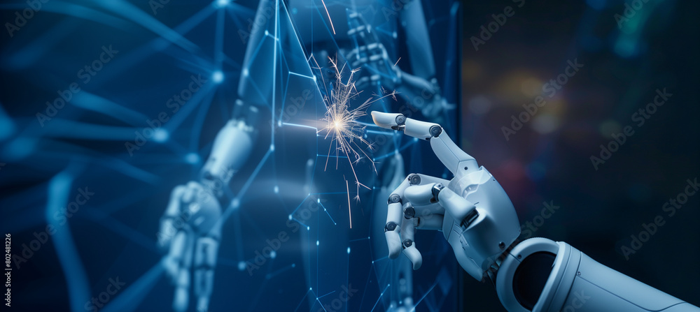 Poster of a robotic hand interacting with a digital interface, touchscreen sparks illuminating from contact