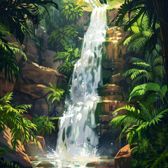 Cascade waterfall  in tropical jungle forest, rocks and mountains, flowing fresh water , stromy stream. Photorealistic illustration