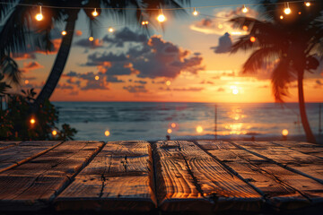 A wooden table with a beautiful sunset over the ocean in tropical climate, surrounded by palm trees and string lights. Created with Ai - Powered by Adobe