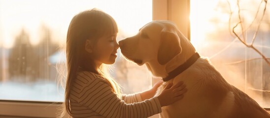 Plakat A child with a dog. A girl with a labrador at home. Little girl hugging big white labrador and smiling. Kids and pets