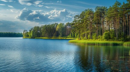 Rekyva forest and lake during sunny summer day. Pine and birch tree woodland. Wavy lake. Bushes and small trees are growing in woods. Sunny day with white clouds in blue sky. Nature. Rekyvos miskas.	