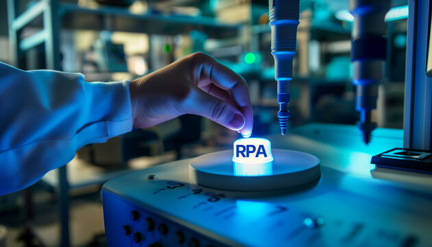of a scientist pressing an "RPA" button on a custom-built console in a research lab, the button illuminated, set against a dark blue backdrop to suggest innovation, Robotic process