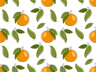 Orange seamless pattern. Simple abstract fruit background. Whole tangerine with leaves. Hand drawn illustration. Template for lemonade juice packaging, fabric print, cover, wallpaper