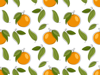 Orange seamless pattern. Simple abstract fruit background. Whole tangerine with leaves. Hand drawn illustration. Template for lemonade juice packaging, fabric print, cover, wallpaper