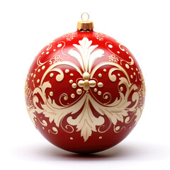 Detailed red Christmas ornament with gold swirls on a white background.