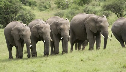 A Group Of Elephants Grazing On Grass - obrazy, fototapety, plakaty