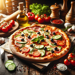 Delight, A Freshly Baked Pizza Surrounded by Ingredients