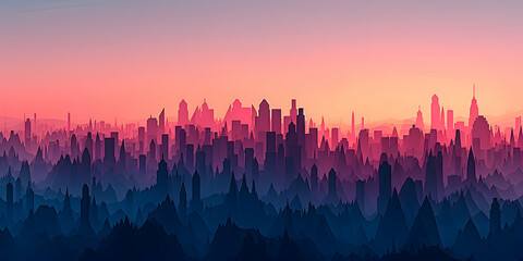 A photo of an abstract geometric landscape with sharp shapes that mimic the silhouette of a city skyline at dusk