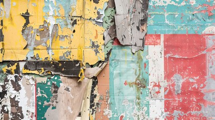 An abstract background created from old, torn street posters, featuring a diverse range of textures and colors