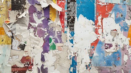 An abstract background created from old, torn street posters, featuring a diverse range of textures and colors