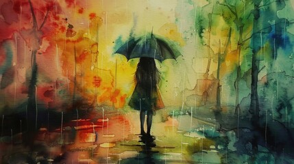 cute girl,full body,she is We're getting rained on. looking at us. I don't have an umbrella. watercolor paintingI feel at home