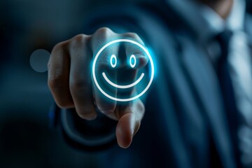 Businessman Touching a Glowing Smile Icon on a Digital Interface
