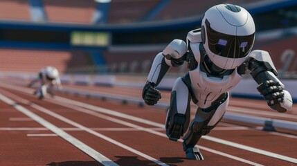 A robot machine or android wins a race with a human and finishes first. The superiority of artificial intelligence, neural network, technology. 3D illustration, 3D rendering, copy space
