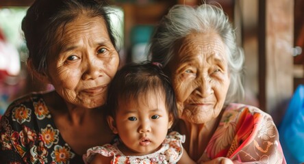 Southeast Asian family portrait with grandmother, mother, and child. Multi-generational women and baby in casual home setting. Concept of family bonds, heritage, and cultural tradition.