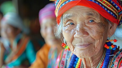 Elderly Southeast Asian women in traditional vibrant attire. Colorful portrait of Thai aged ladies with cultural garments. Concept of cultural preservation, aging gracefully, ethnic attire. Copy space