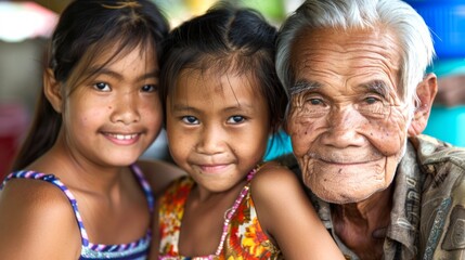 Southeast Asian elderly man with grandchildren, close-up family portrait. Senior Thai male with kids, smiling together. Concept of family bond, happiness, generational connection.