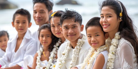 Thai family in traditional white clothing with floral garlands at beach. Smiling Asian family with children in festive attire. Concept of family gatherings, traditional Thai customs, beach settings