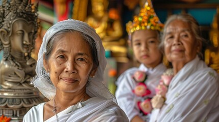 Elderly Asian women with young girl in traditional dresses in Buddhist temple. Thai grandmother and granddaughter at ceremony. Concept of family traditions, generational bond, cultural heritage.