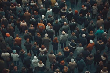 Obraz premium A bird's-eye perspective capturing a dense crowd of people wearing winter clothing in a public assembly