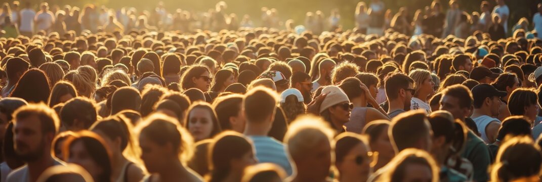 A wide shot of a dense crowd of people at an outdoor event with the warm glow of the sunset