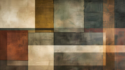 A photograph depicting a layered geometric pattern with overlapping rectangles in a soothing palette of earth tones, creating a sense of depth and warmth