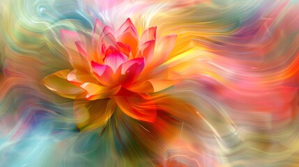 Vibrant abstract illustration of lotus flower, symbolizing Nirvana in Theravada Buddhism. Swirls of colors convey peace and enlightenment. Concept of spiritual awakening, Buddhism, and serenity.