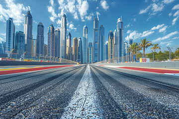 Fototapeta premium Empty asphalt road or race track in a metropolis in sunny day. Generated by artificial intelligence