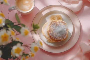 Freshly Made Pancakes Topped With Powdered Sugar on a Bright Morning Table