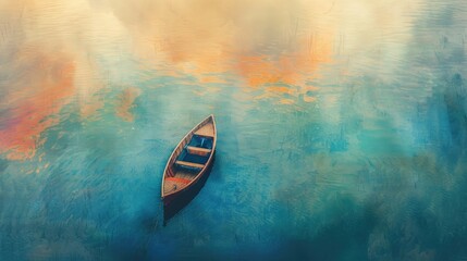 Depict a serene scene with a solitary rowboat on a watercolor lake from an aerial perspective, with gradient colors
