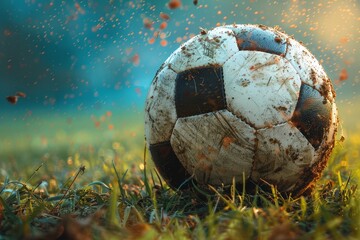 Soccer ball on the grass with drops of water and mud