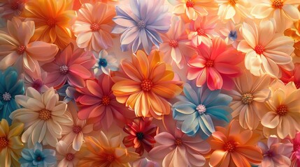 Dynamic background filled with colorful flowers made from recycled ribbons illuminated by soft gentle sunlight background