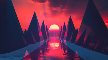 A photograph depicting a futuristic geometric landscape with sharp, angular shapes that mimic the silhouette of a technologically advanced city at sunset