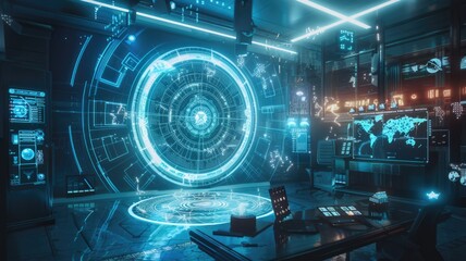 futuristic concept of an astrology lab with holographic zodiac charts, advanced astrological instruments emitting light, digital tarot cards, and a high-tech environment