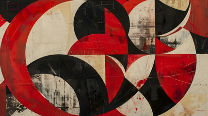 A photograph depicting a bold and artistic geometric design with large, intersecting circles and triangles in a dramatic red and black palette