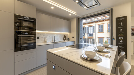 A modern kitchen with a white island and a black oven